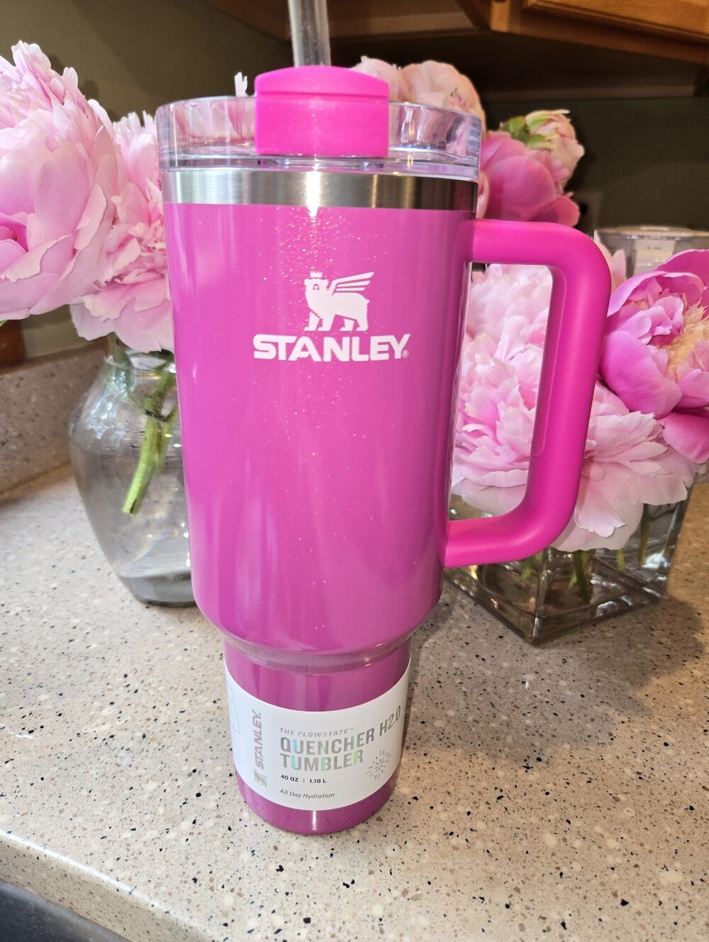 Stanley Pink Glitter Travel Tumbler with Handle